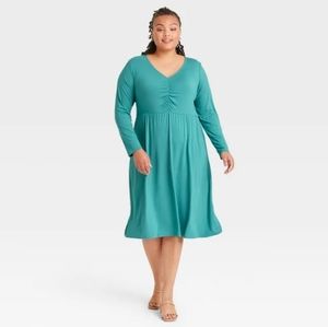 NWOT Ava & Viv Women's Dress Teal Ruched Bodice Long Sleeve Midi
